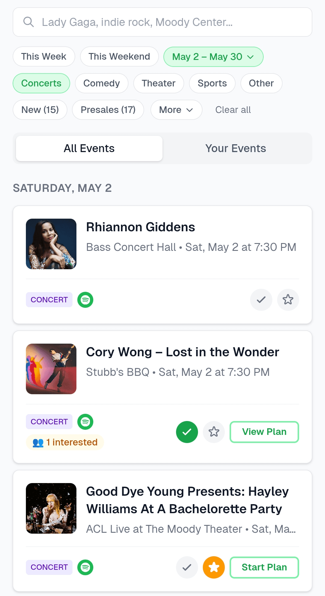RYSVP event feed — light mode with green accents